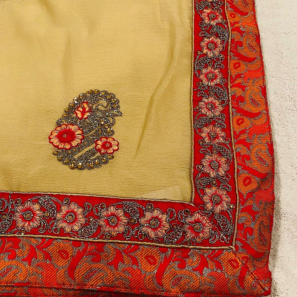 Indian Ethnic Saree, beige color with bright red border with bright embroidery